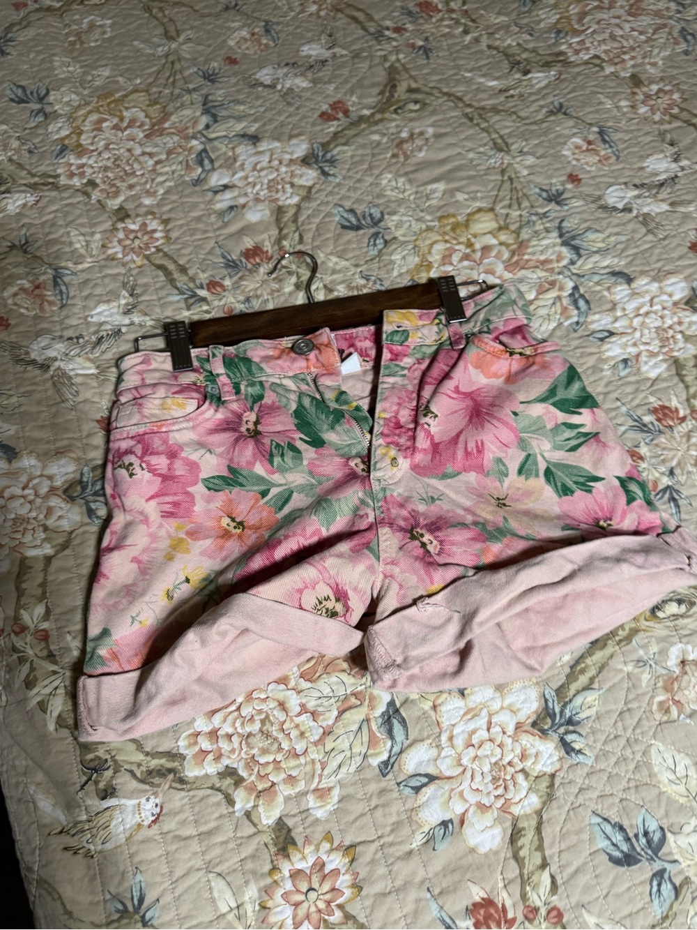 BDG Pink Floral Jean Shorts with Green Leaf Print